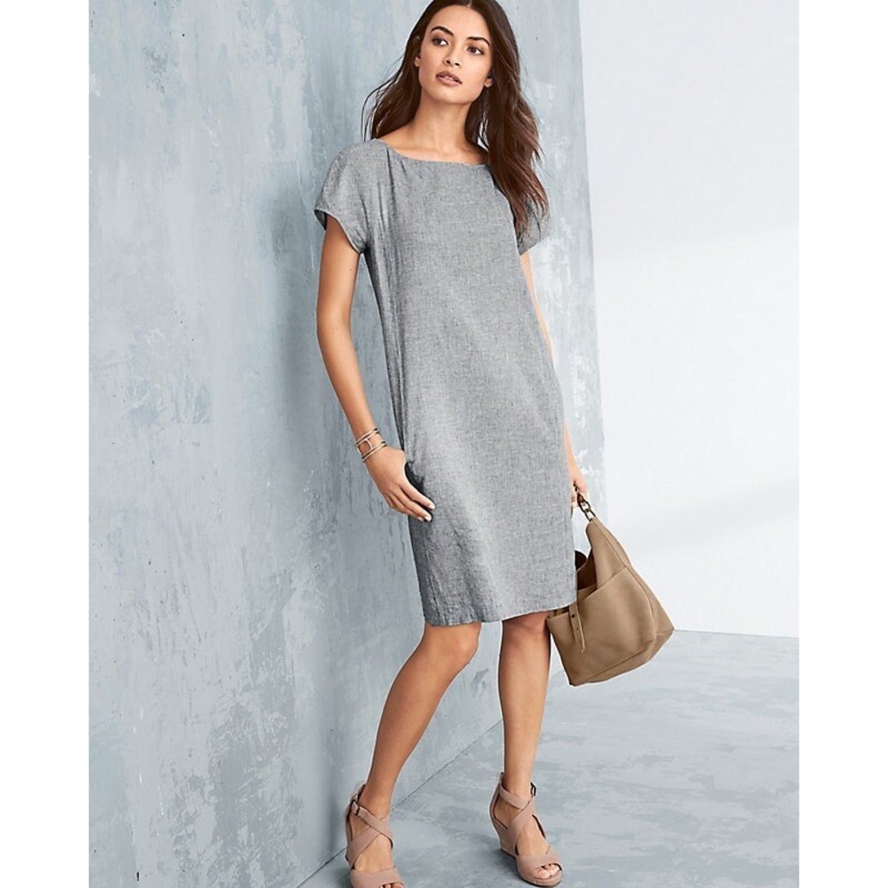 Eileen Fisher Hemp Organic Shift Dress Gray Striped Linen Blend Short Sleeve M